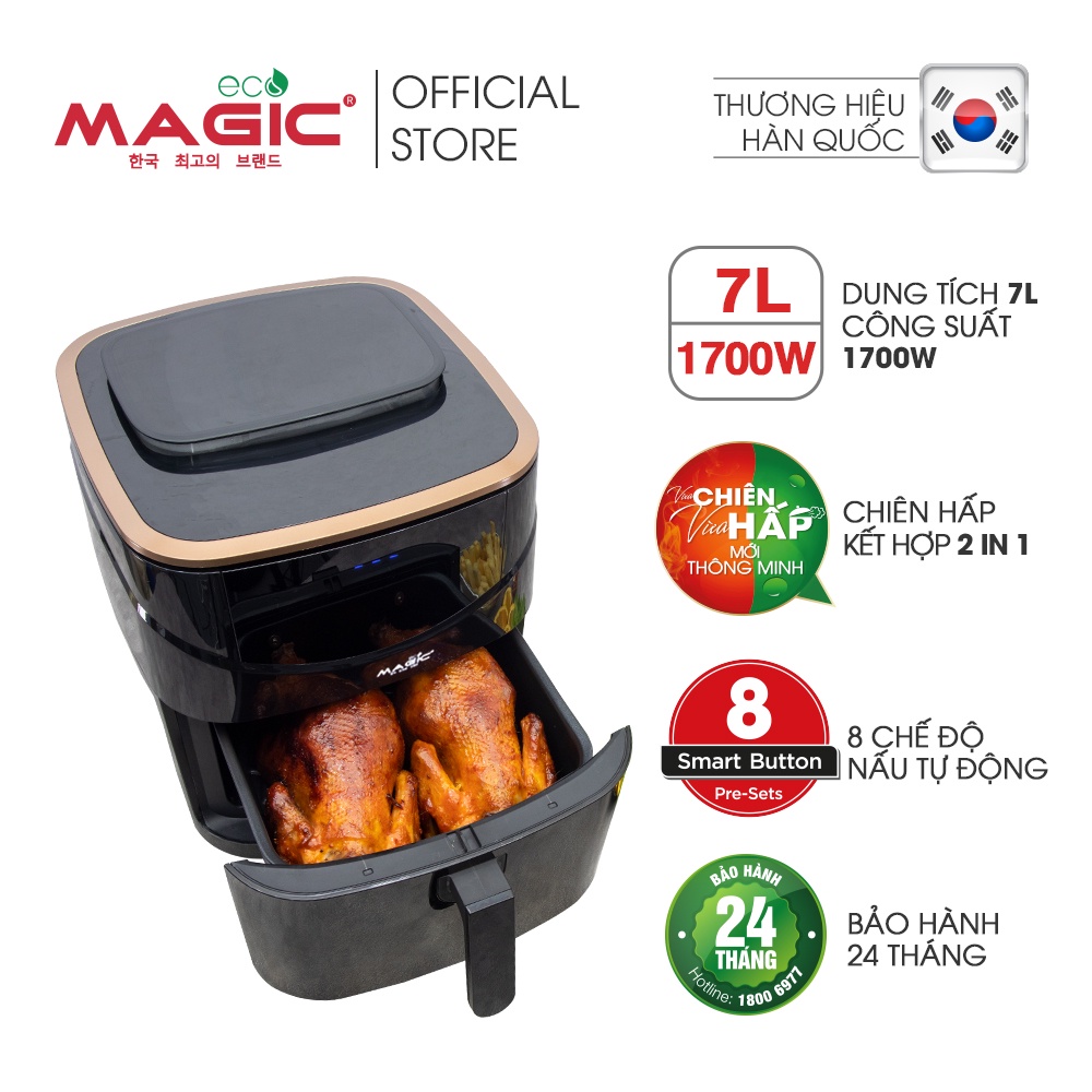 Nồi chiên không dầu kết hợp hấp Magic Eco S07 7L cho gia đình 8-10 người,8 chế độ chiên-hấp tự động,bảo hành chính hãng