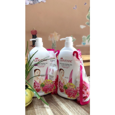 SỮA TẮM TRẮNG DA GERVENNE HƯƠNG NƯỚC HOA(size 900g tặng túi 380g)có màu xanh và tím.