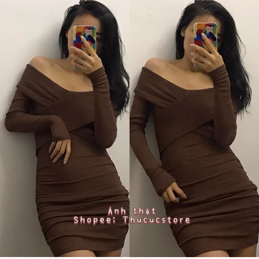 Đầm body dáng ngắn trễ vai Thucucstore Đầm ôm body dài tay phong cách sexy quyến rũ VL02