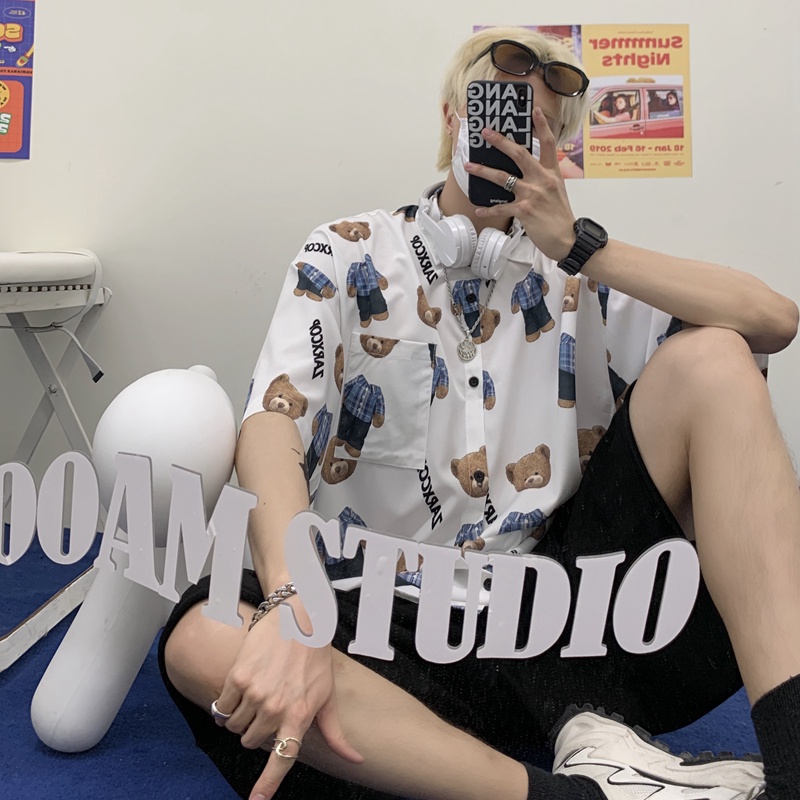 Áo sơ mi nam nữ form rộng hàn quốc tay lỡ unisex in hình gấu ulzzang Yinxx ASM04