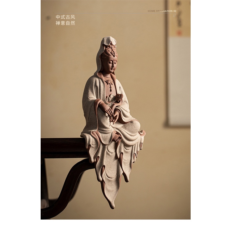 Tượng Quan Âm Bồ Tát cầm gậy Như ý ngồi thiền tịnh gốm tử sa cao cấp- Tượng phật trang trí decor không gian thiền tịnh