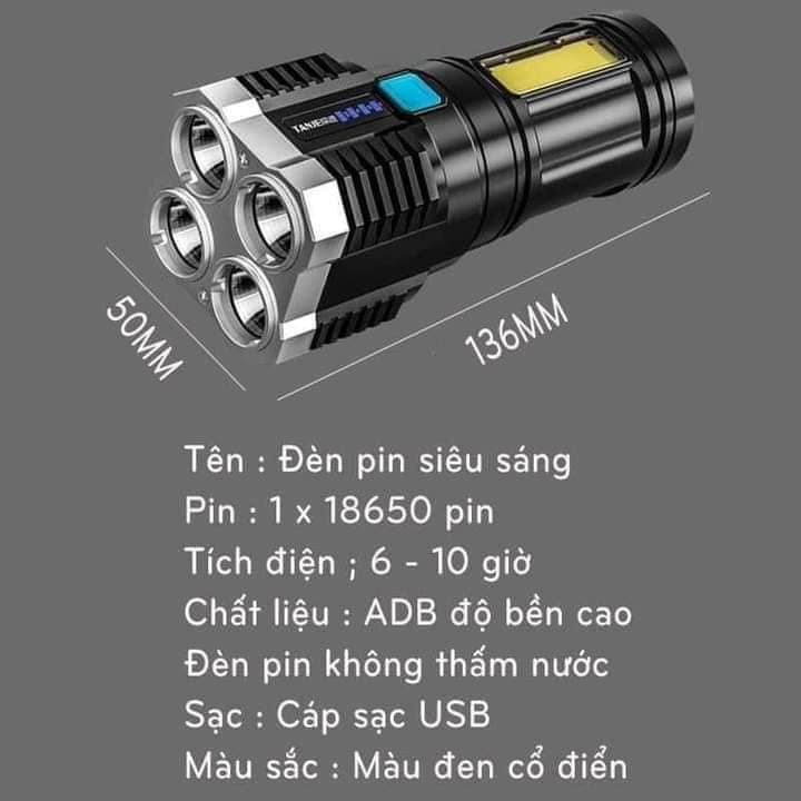 Đèn Pin Cầm Tay Chiếu Xa Siêu Sáng 4 Bóng 4 Chế Độ Sạc USB, Đèn Pin Led, Du Lịch Hot 2022