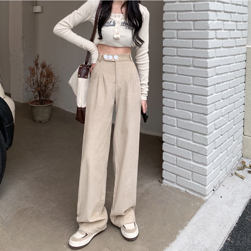 QADCOL Quần Nhung Dài Ống Rộng Lưng Cao Màu Sắc Đơn Giản Thời Trang Hàn Quốc