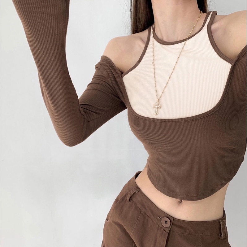 Áo Kiểu Nữ Gân tăm Dài Tay Vạt Bầu Áo Thun Nữ Hàn Quốc Phối Màu - Colory Shop
