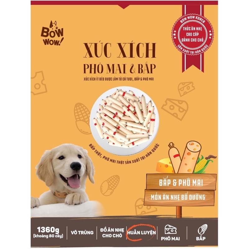 Xúc xích Phô mai & Bắp Hàn Quốc Bowwow gói to 1360gr ( khoảng 80 cây)