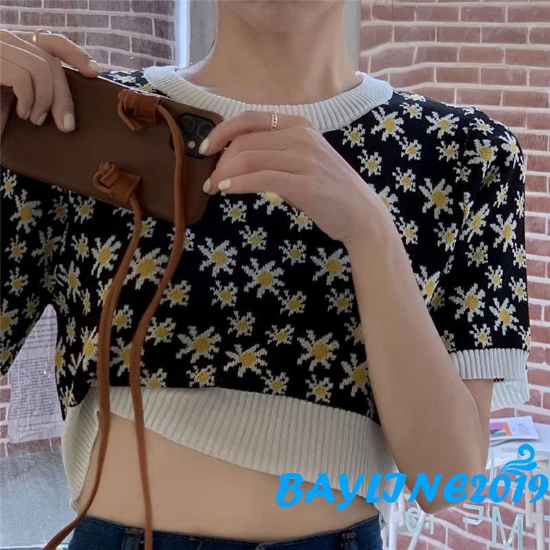 Áo Dệt Kim Tay Phồng Cổ Tròn In Họa Tiết Hoa Cúc Sáng Tạo Thời Trang Mùa Hè Cho Nữ