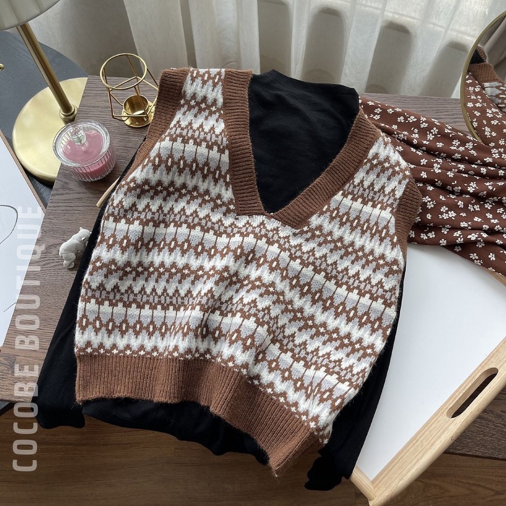 Áo len gile nữ thổ cẩm siêu ấm áp phong cách thời trang thu đông dành cho nữ Cocobe AL02