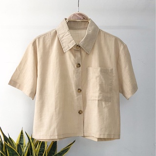 Áo sơ mi linen nữ croptop lửng basic vintage Ulzzang