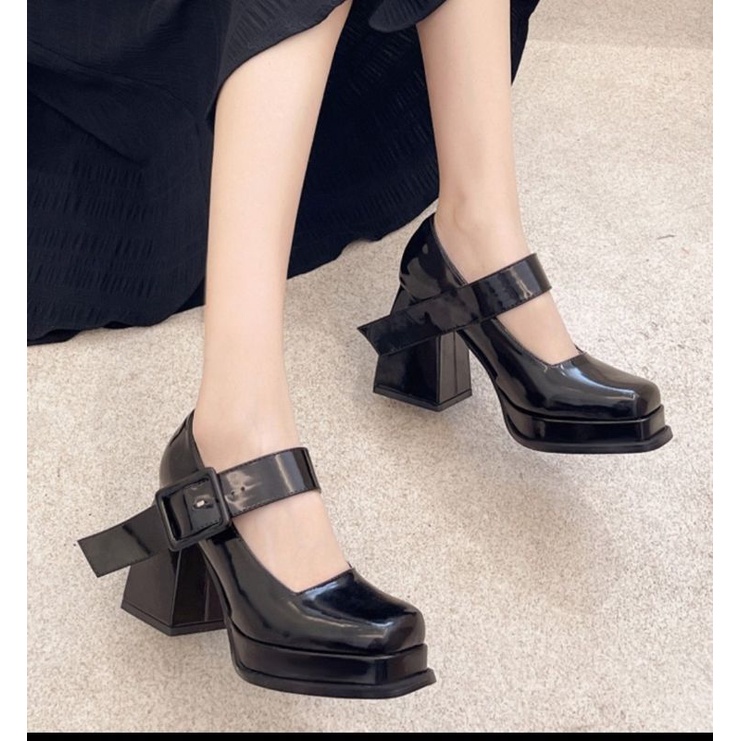 Giày cao gót độn đế bốt martin Mary Jane da Pu mũi vuông phong cách cổ điển Hàn Quốc xinh xắn