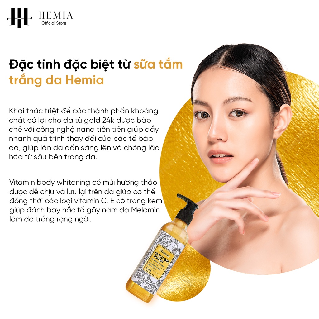 Sữa tắm vàng 24k Hemia trắng da toàn thân thơm lâu cao cấp sang trọng chống lão hoá hiệu quả chai 250ml