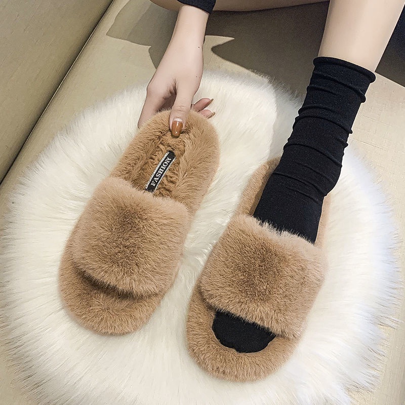 Dép Quai Ngang Phối Lông Xù Phong Cách Trẻ Trung Dành Cho Nữ