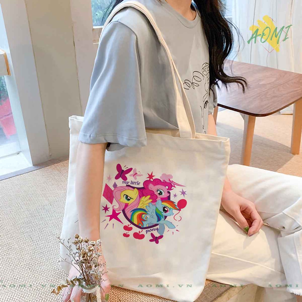 TOTE CANVAS little pony TÚI VẢI ĐEO VAI BAG CÓ KHÓA KÉO SIZE LỚN 33x38cm AOMIVN DU LỊCH MÀU ĐEN TRẮNG