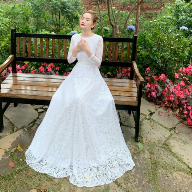 (free chỉnh sửa váy) đầm dạ hội ren trắng tay dài váy xòe, đầm tiểu thư cô dâu kín đáo sang trọng đi tiệc chụp ảnh cưới