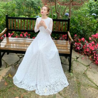 (free chỉnh sửa váy) đầm dạ hội ren trắng tay dài váy xòe, đầm tiểu thư cô dâu kín đáo sang trọng đi tiệc chụp ảnh cưới
