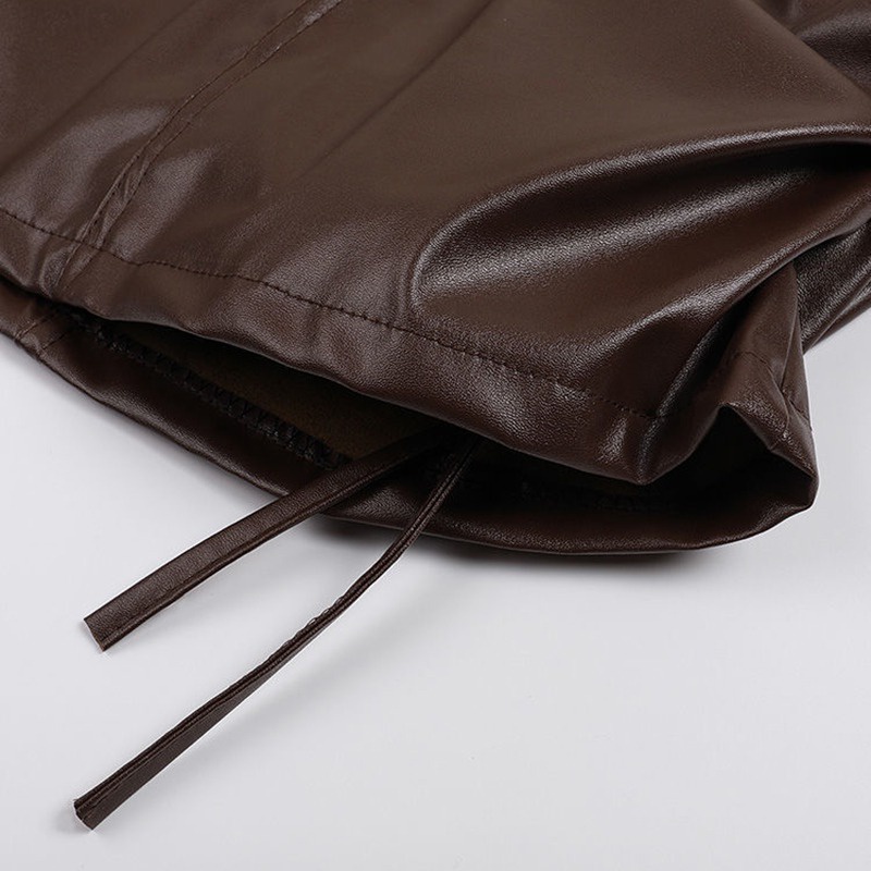 Chân Váy Da PU Lưng Cao Xếp Ly Màu Trơn Phối Dây Rút Thời Trang Hàn Quốc Cho Nữ