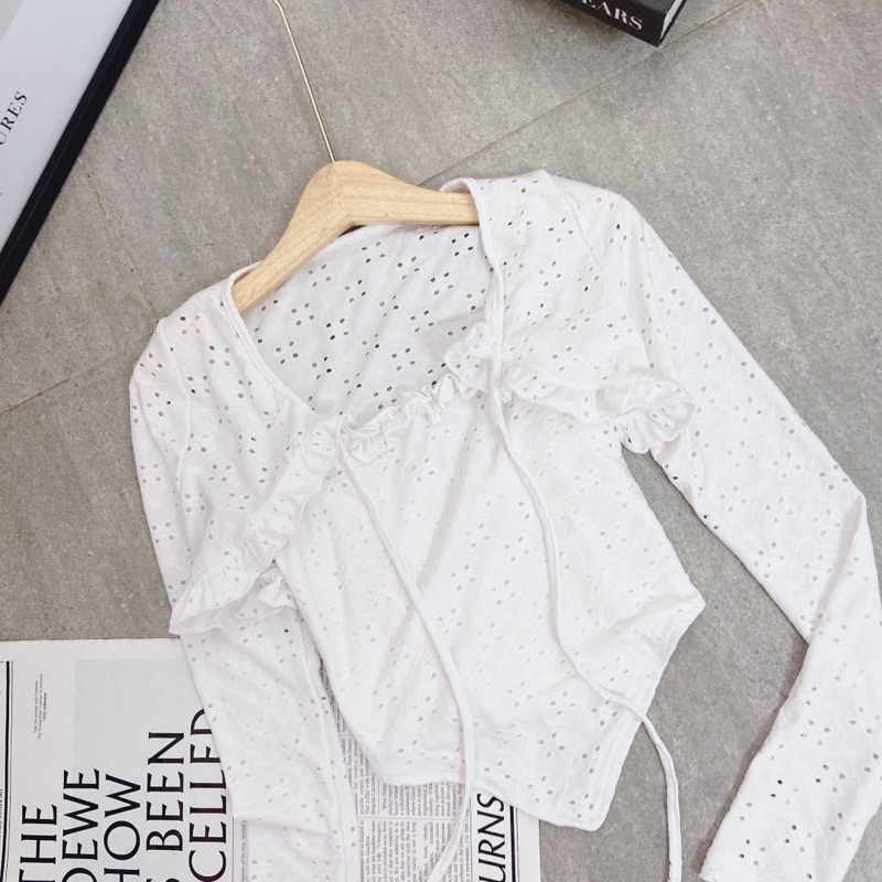 XÃ LỖ SET 2 MÓN CROP ÁO TRẮNG 2 DÂY VIỀN BÈO + KHOÁC CỘT DÂY