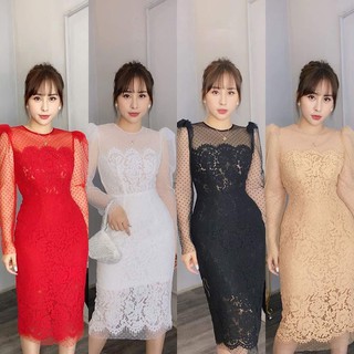 Đầm ren dự tiệc dáng ôm tay lưới dài quyến rũ DC020