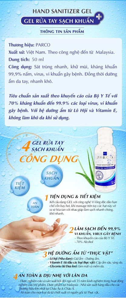 Gel Rửa Tay Khô PARCO - 50ml,chứa 70% Alcohol tiêu diệt đến 99.9%, Đặc biệt không làm khô da tay | BigBuy360 - bigbuy360.vn