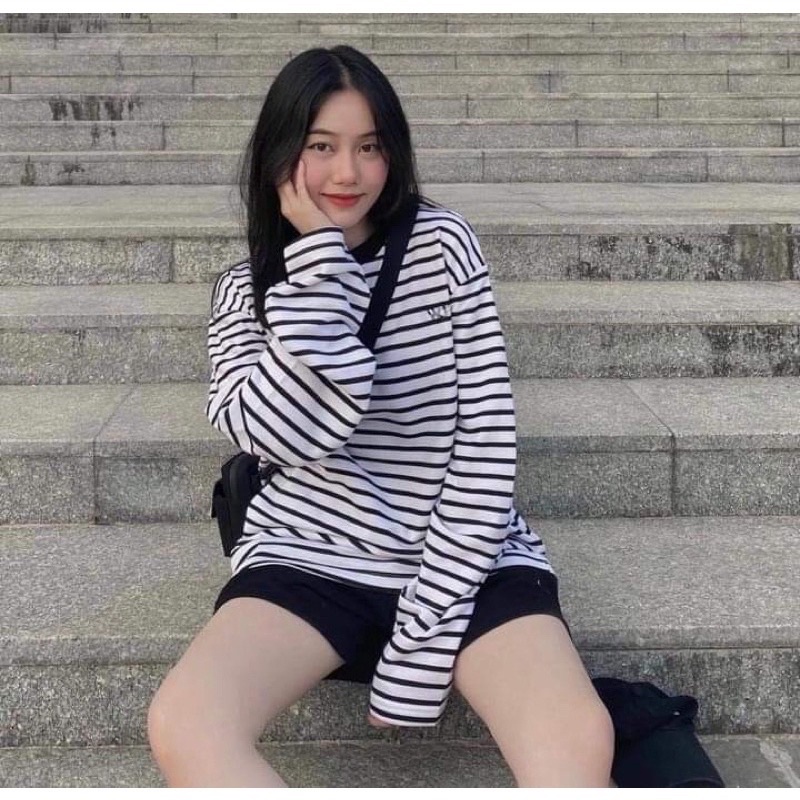 SÉT ÁO KẺ THỤNG DÀI TAY MIX MIX QUẦN ĐÙI THÊU CỰC XINH(kèm video ảnh thật)