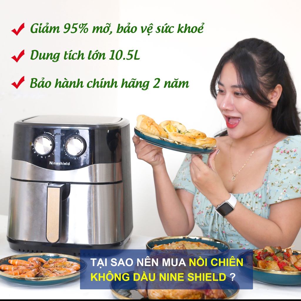 Nồi chiên không dầu Nine Shield 10,5L lít model KB-8002M, NHẬP KHẨU NGUYÊN CHIẾC, Mẫu Mới Tặng Kèm Sách Nấu Ăn