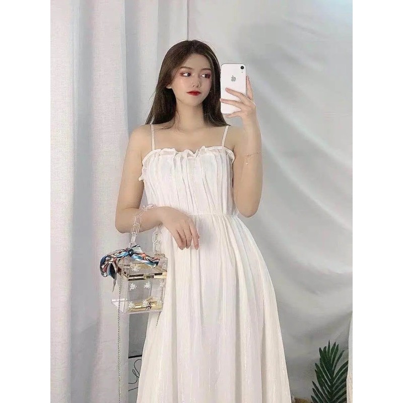 [Mã WASTMINI giảm 10% tối đa 30K đơn 150K] Đầm trắng hai dây dáng dài xếp li ngực đi biển, đi tiệc ☁️ | BigBuy360 - bigbuy360.vn