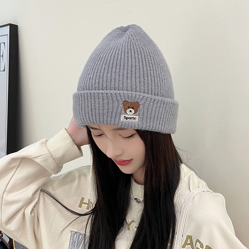 Mũ len dệt kim thêu họa tiết gấu hoạt hình thời trang cho nữ