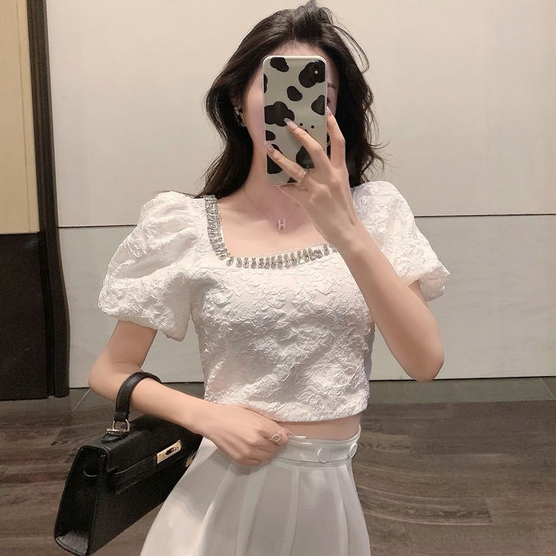 Áo Kiểu Tay Phồng Cổ Vuông Đính Hạt Phong Cách Retro Pháp