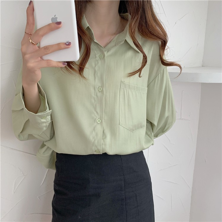 Áo sơ mi nữ tay dài dáng rộng màu trơn kiểu Hàn Quốc