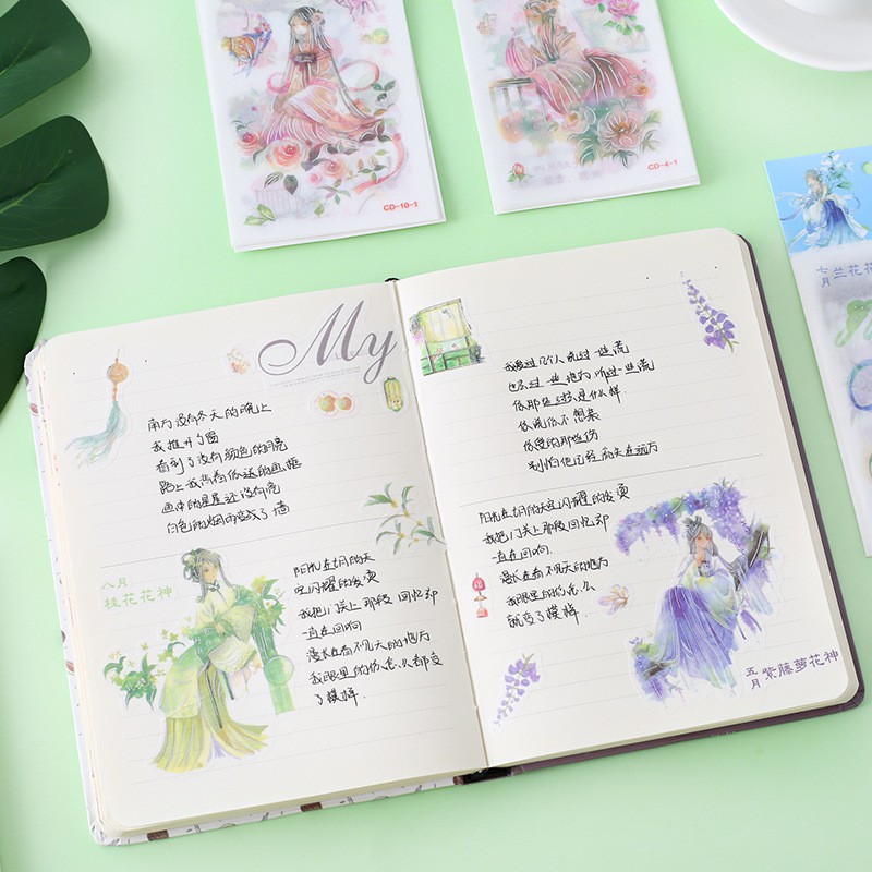 Enjoymore ✨ Set 4 Tấm Washi Sticker Cổ Trang Trung Hoa Xinh Xắn Hình Dán Trang Trí Sổ tay Scrapbook, Bullet journal