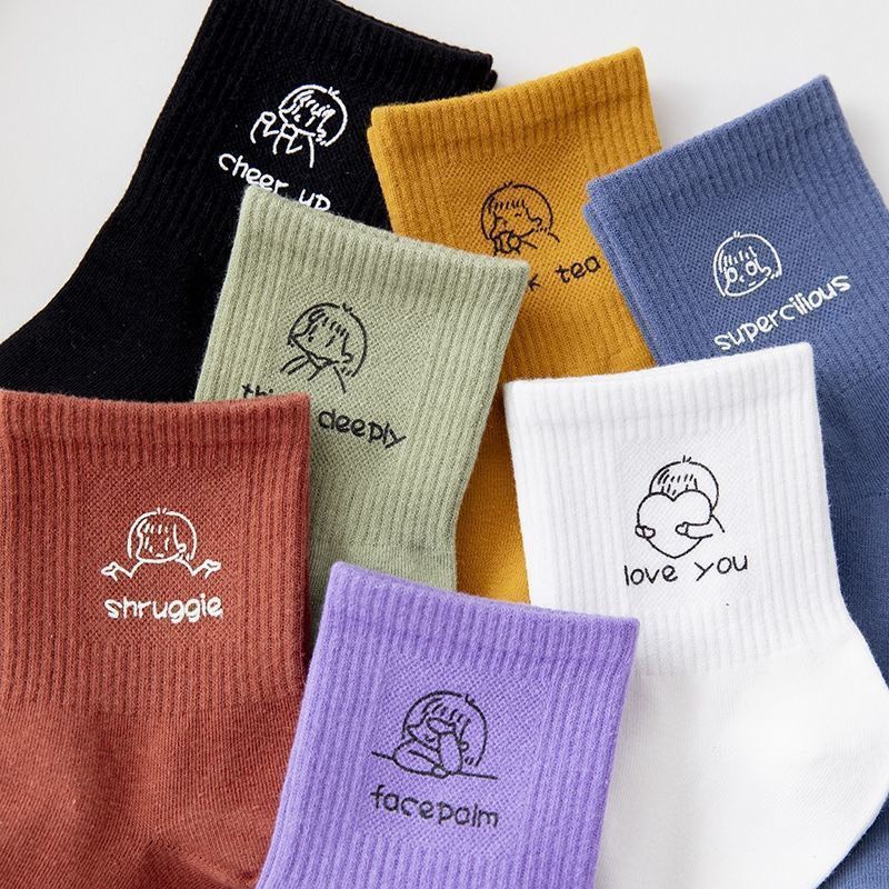 Tất Nữ Đẹp Cổ cao Thêu hình cảm xúc đa dạng trẻ trung Phong Cách Vintage Hàn Quốc mã T06