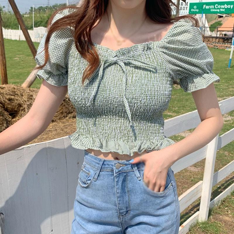 Áo kiểu cổ vuông tay phồng ngắn phối họa tiết sọc ca rô thời trang phong cách Hàn Quốc cho nữ | BigBuy360 - bigbuy360.vn