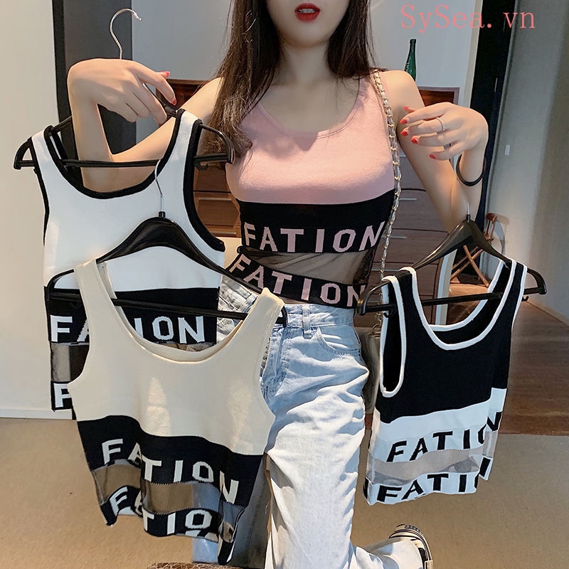 Áo croptop sát nách phối lưới in hoạ tiết chữ thiết kế thời trang tùy chọn màu sắc
