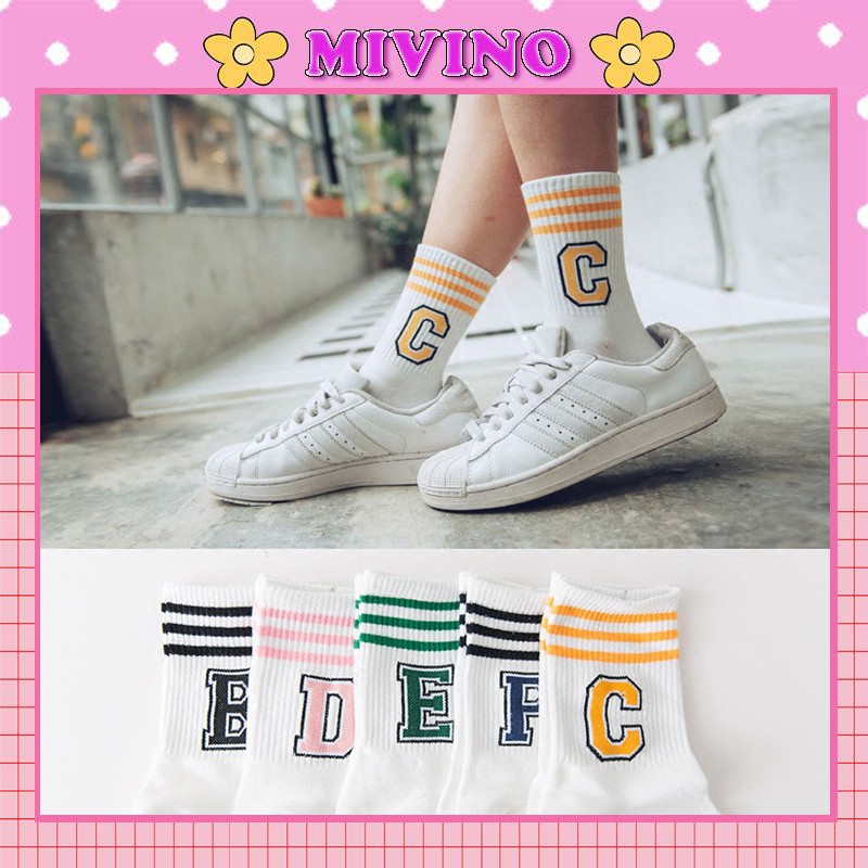 Set 5 đôi tất cổ cao Mivino trắng in hình chữ cái thể thao TN24