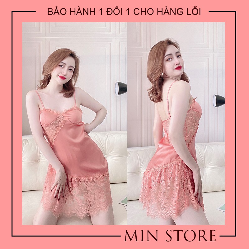 Váy ngủ sexy cao cấp gợi cảm 2 dây lụa satin có mút phối ren mi xéo sườn cực đẹp V005 | BigBuy360 - bigbuy360.vn