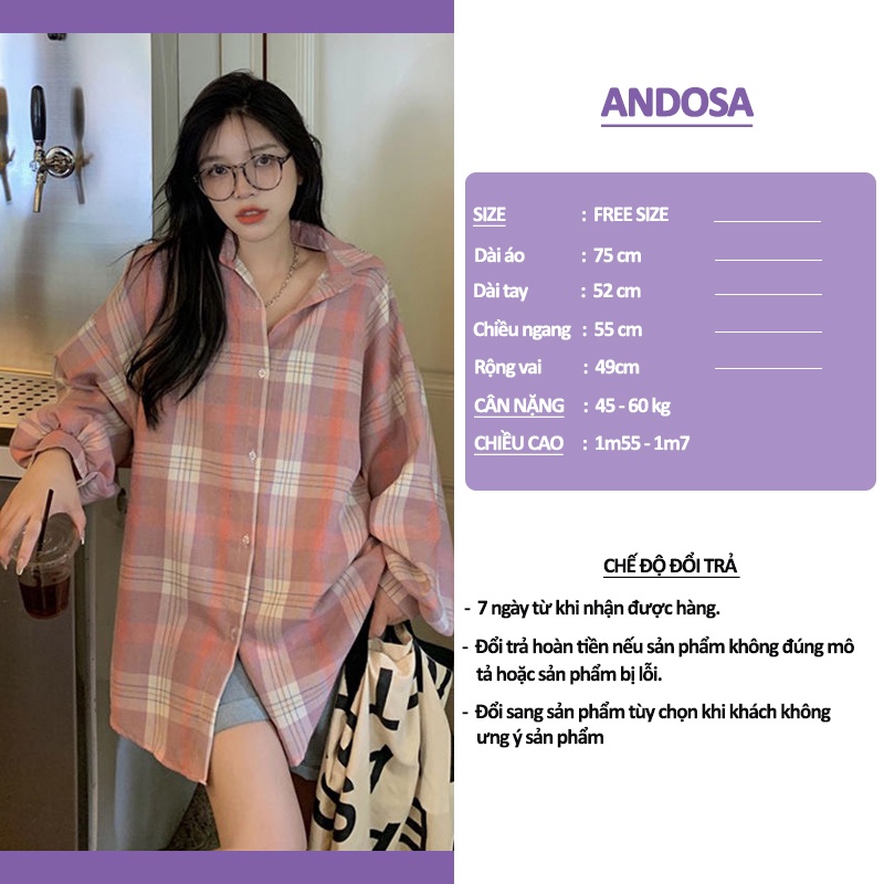 Áo sơ mi kẻ sọc caro nữ form rộng tay dài kiểu đẹp hàng Quảng Châu ANDOSA SM03