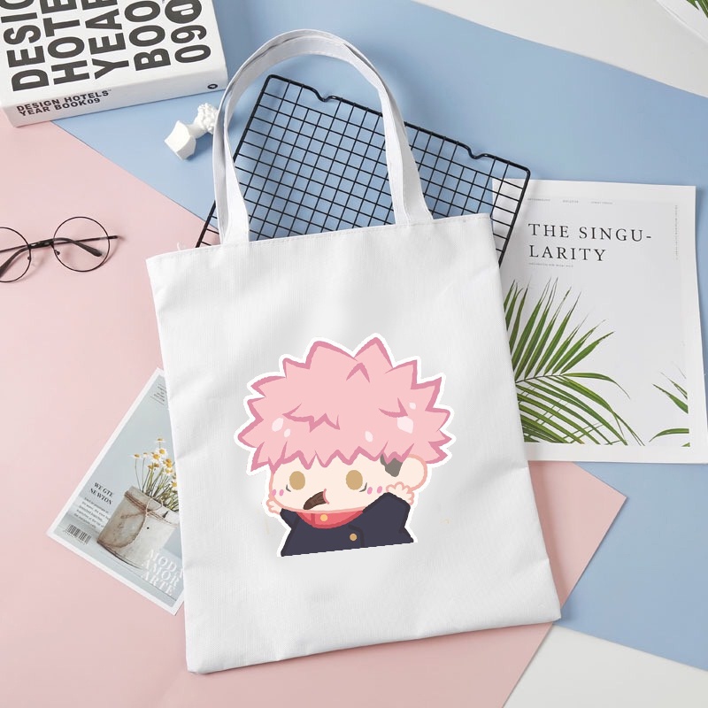Túi tote vải đen trắng in hình JUJUTSU KAISEN VER TẬP THỂ DỤC anime chibi dễ thương