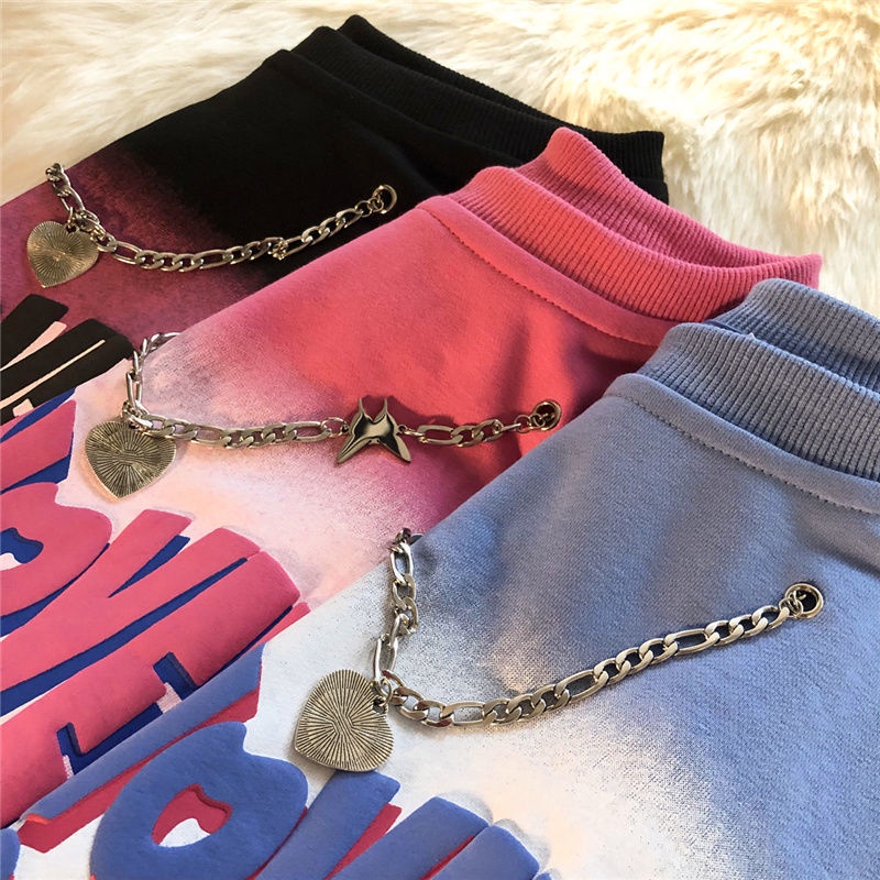 Áo khoác sweater tay dài in chữ màu nhuộm phối dây xích kiểu retro Mỹ thời trang cho nam và nữ