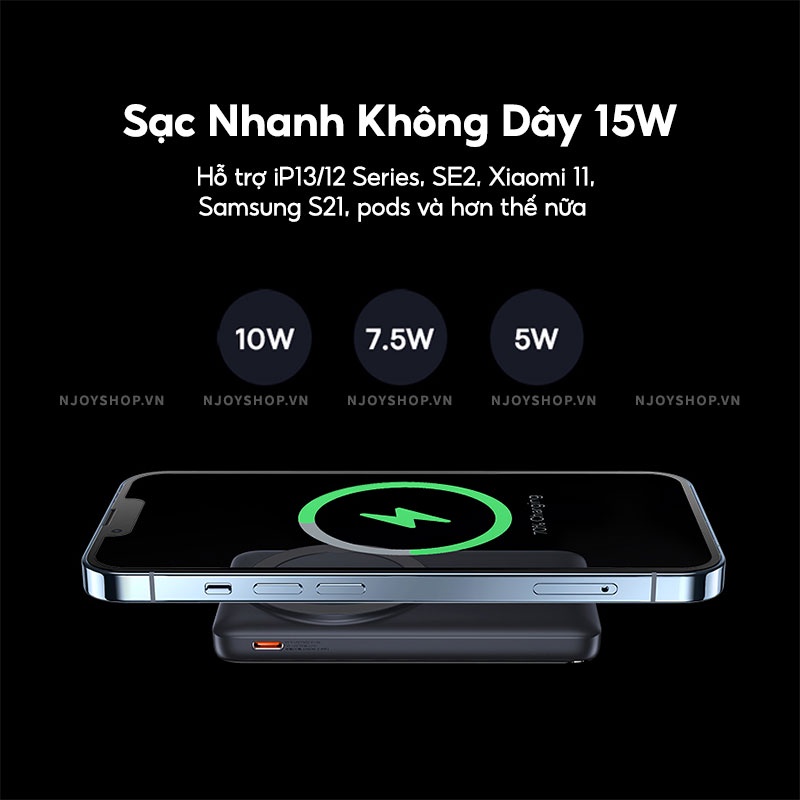 Pin Sạc Dự Phòng Không Dây Chính Hãng Baseus 10000mah 20W PD Có Chân Gác Kiêm Giá Đỡ Điện Thoại Njoyshop