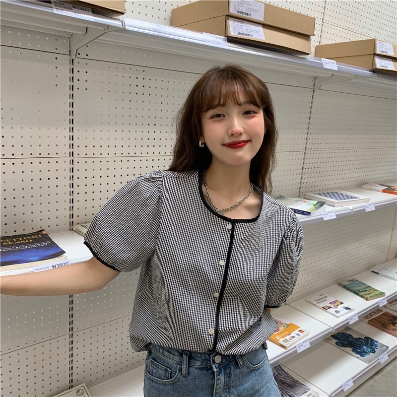 Áo sơ mi tay ngắn phồng họa tiết sọc caro thời trang theo phong cách hàn quốc cho nữ