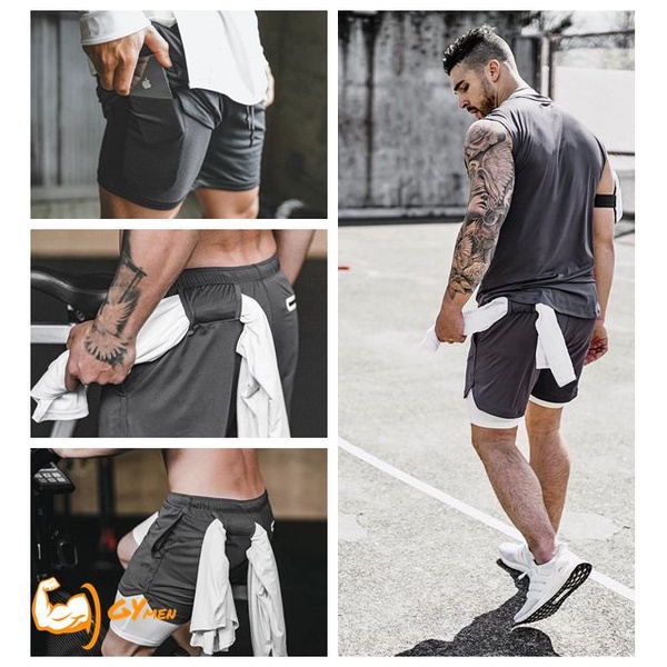 [ GYMEN ] Quần Short Thể Thao Nam  Hai Lớp Kích Thước Lớn Thoải Mái Thoáng Khí Thời Trang Ba Phần Tư Quần Chạy Bộ Thường Ngày Tập  Thể Hình