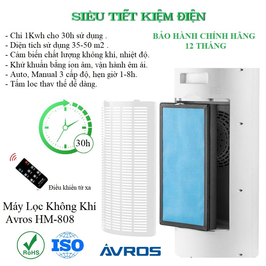 Máy Lọc Không Khí Thông Minh Avros HM 903 - Khử UV - Lọc Bụi Mịn PM 2.5 - Tạo Ion Âm - Tấm Lọc 3 Lớp Dễ Dàng Thay Thế