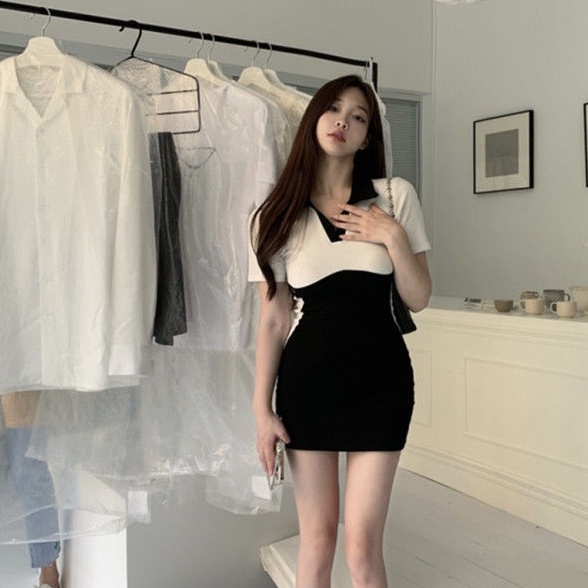 COZOKC Đầm Tay Ngắn Cổ Bẻ Form Ôm Màu Sắc Tương Phản Thời Trang Trẻ Trung