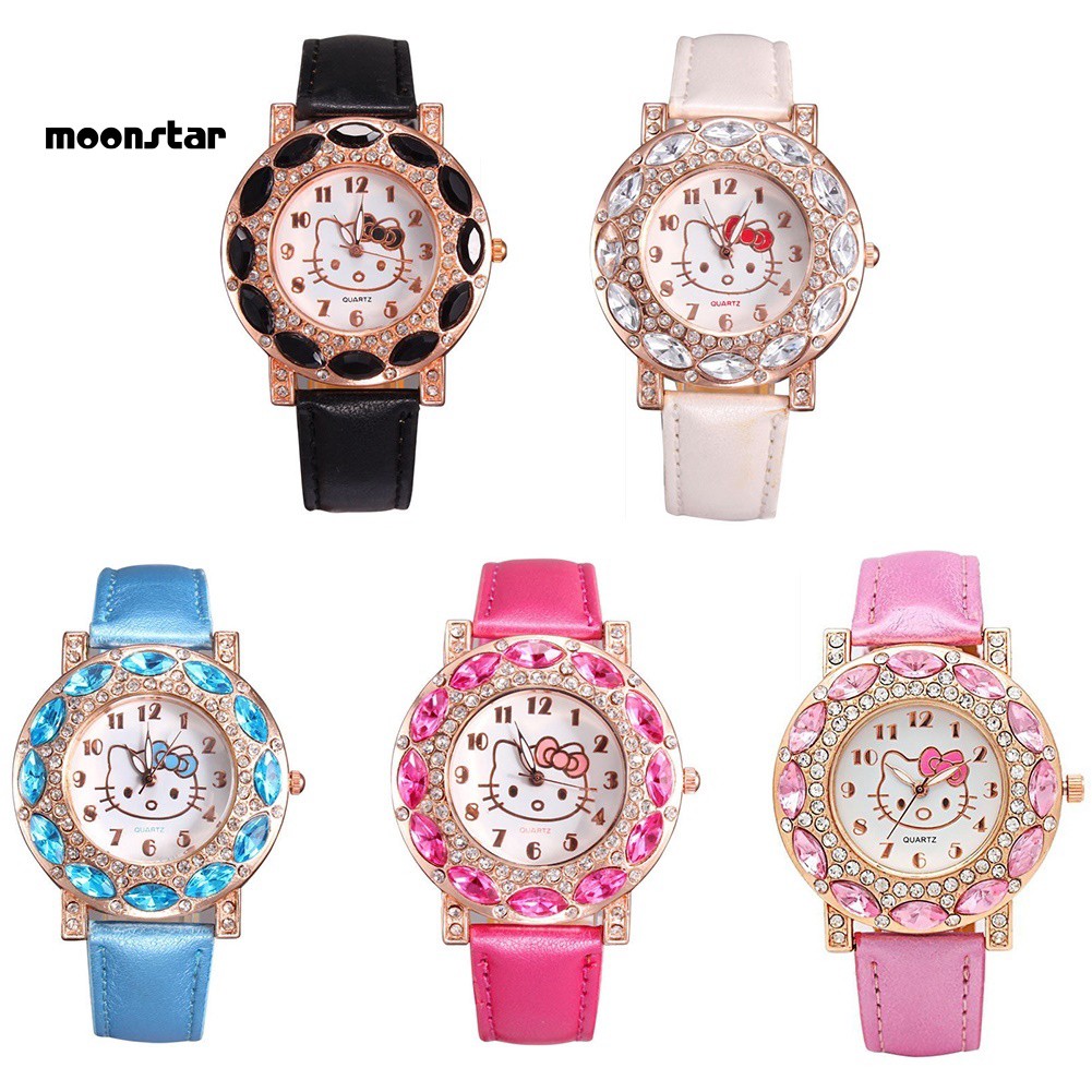 Đồng hồ dây giả da đính đá hình Hello Kitty cho bé gái