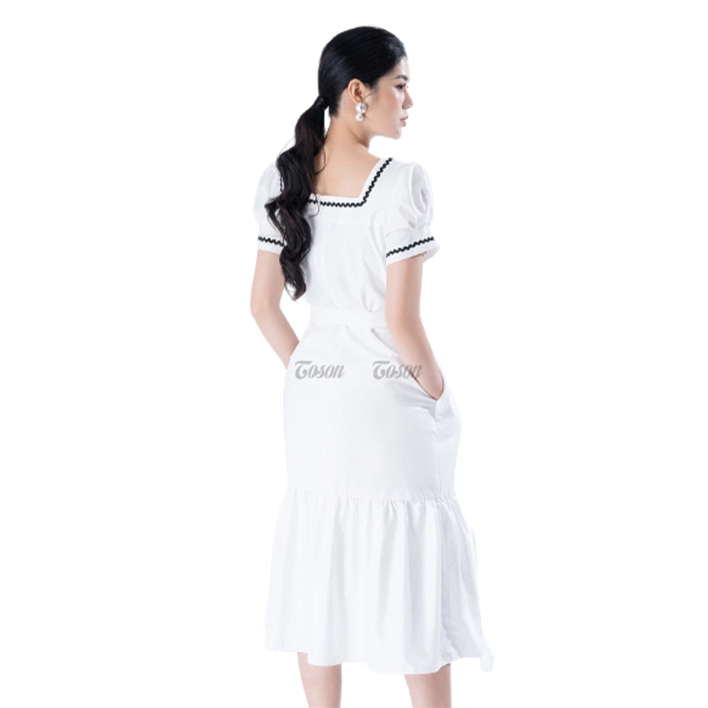 Đầm trắng thô, cổ vuông can ren, dáng xòe nhún Toson 42042W52