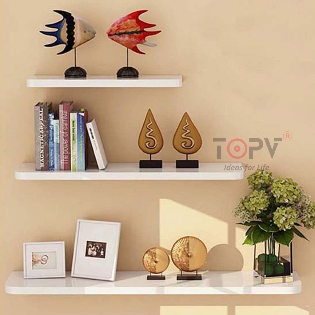 Kệ gỗ treo tường decor TopV giá trang trí bằng thanh gỗ ngang gắn tường mini phòng khách phòng ngủ đen TopVHCM