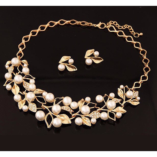 Bộ trang sức 💍FREESHIP💍 dây chuyền, bông tai chiếc lá ngọc nhân tao - BH702 Màu VÀNG
