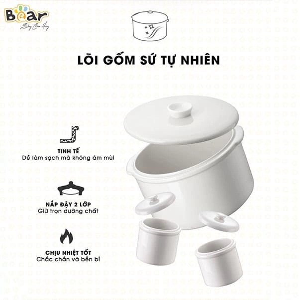 Nồi nấu chậm đa năng kèm lồng hấp Bear 1.6l- SUBE002 (có lồng hấp). bản quốc tế