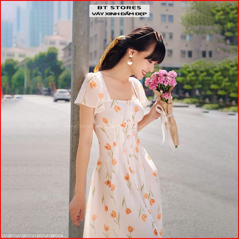 Đầm midi họa tiết hoa tulip vàng chất vải Voan - Yellow Tulips dress (BT118)