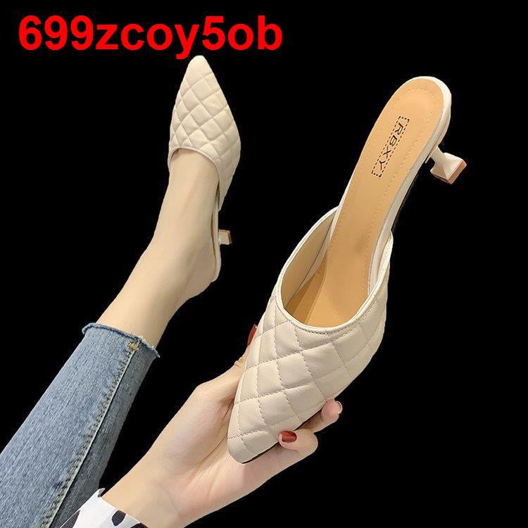 Giày cao gót 7cm xu hướng nhọn của phụ nữ tất cả các kết hợp nhỏ tươi mát Baotou nửa dép đi bên ngoài mũi và tr