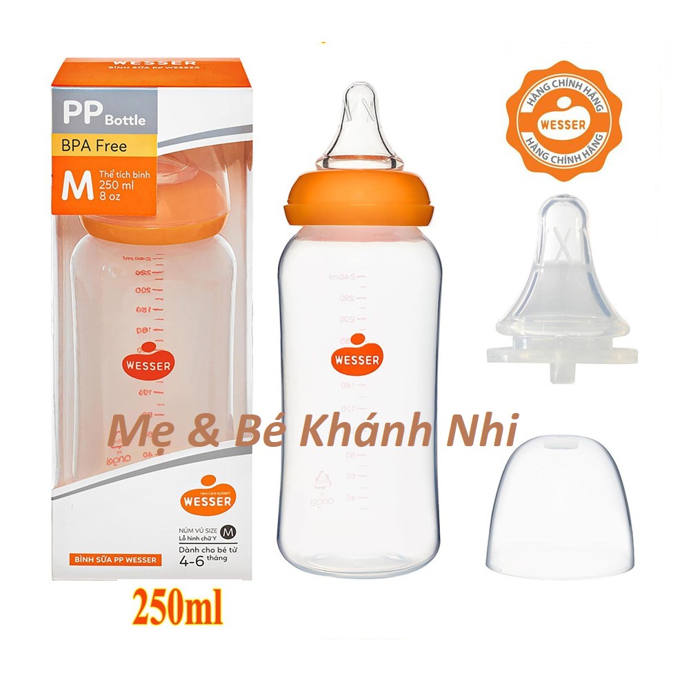 [CHÍNH HÃNG ĐỦ SIZE] Bình Sữa WESSER Cổ Hẹp  PP Bottle Kháng Khuẩn 60ML/ 140ML/ 250ML 🎀 FREESHIP 🎀 Tặng Van Chống Sặc